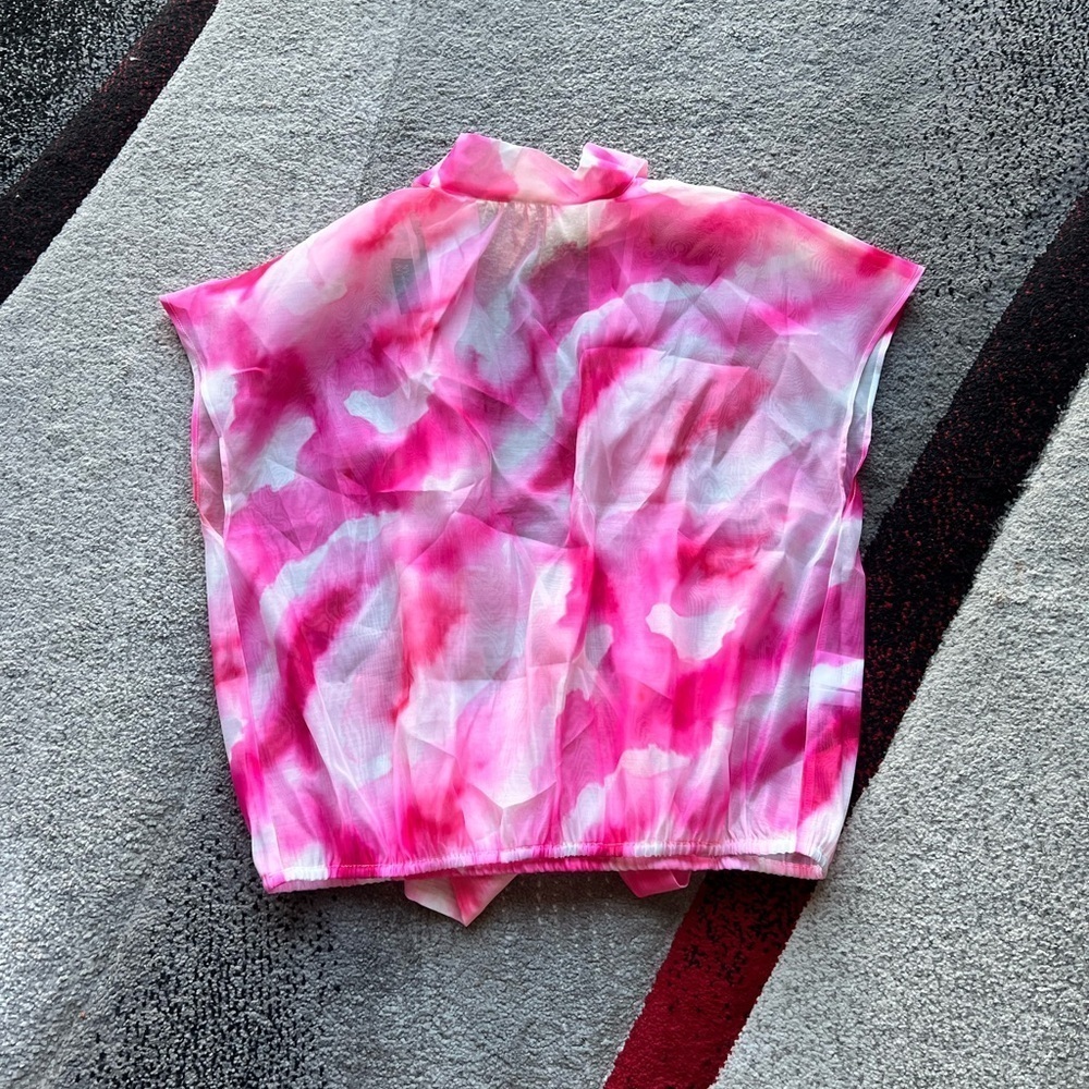 New York & Company Organza Pink Sheer Tie Back Blouse
